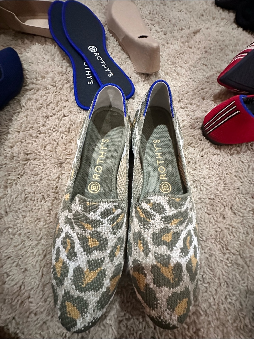 Rothy's Olive Green, Cream & Gold Knit Slip-On Flats